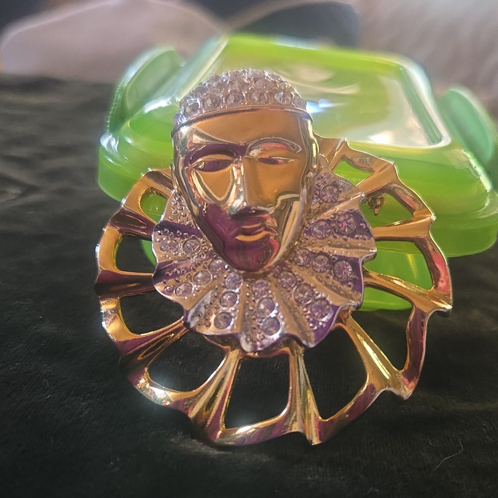 Gold Tone Clear Rhinestone Face Mask Brooch Pin, Pavé Setting, 2 in
