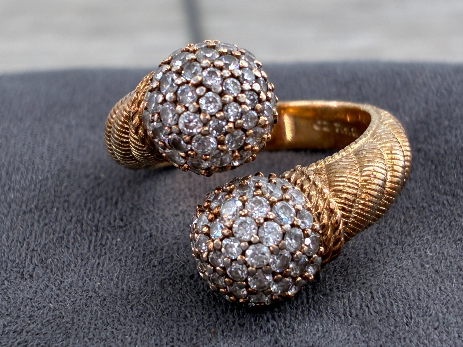 Vintage Judith Ripka Bypass Ring CZ Sphere Ball Tips Gold on Sterling Cable Band