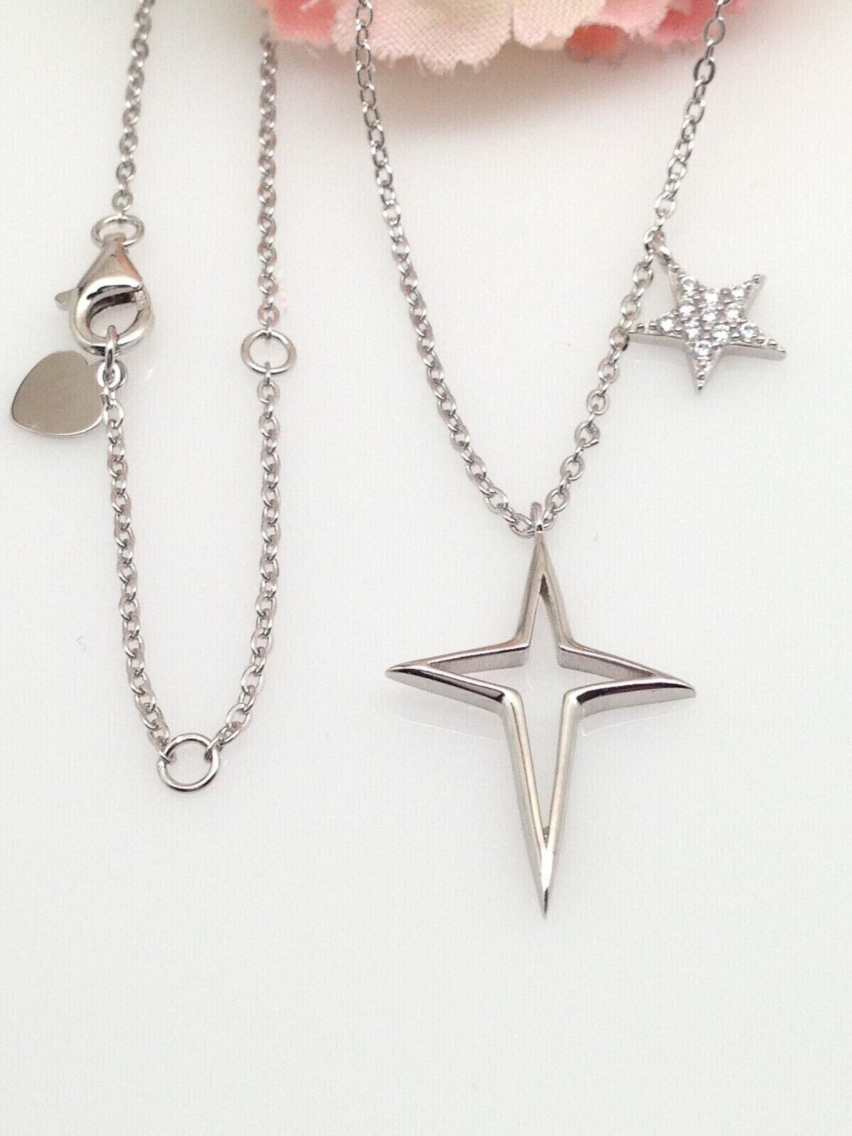 Star & North Star Pendant Necklace Sterling Silver 925 CZ Women 7mm/19mm(0.75″)