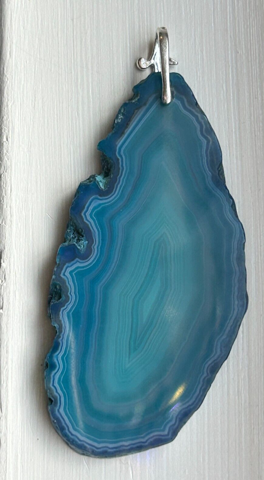 Brazilian Blue Slice Oblong Agate Pendant 2 1/2″x 1 1/2″ Silver tone bale