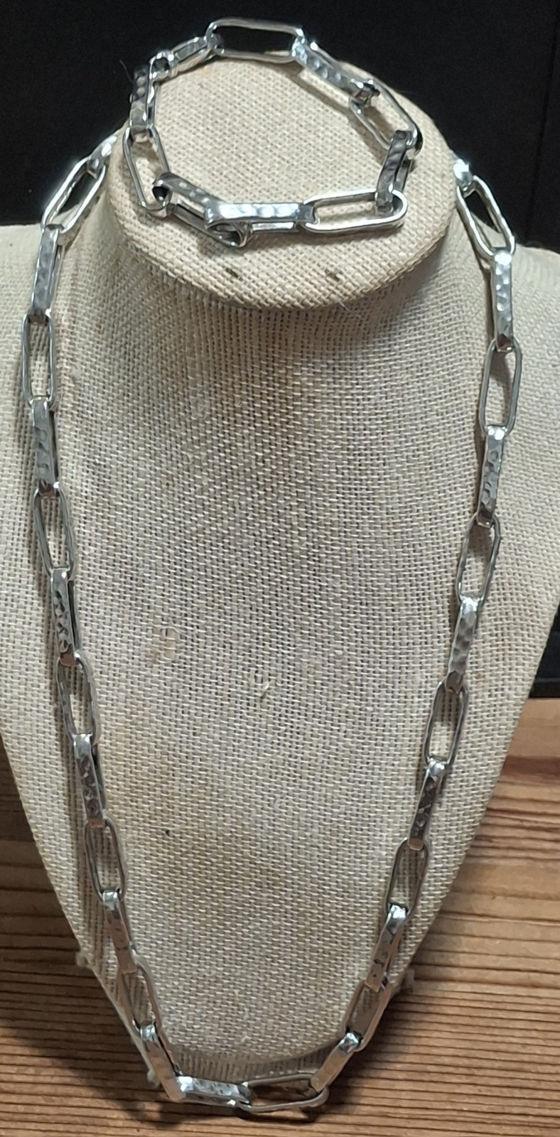 Italian Hammered Paperclip Link Necklace Bracelet Set Silver Tone 24” 8.25”