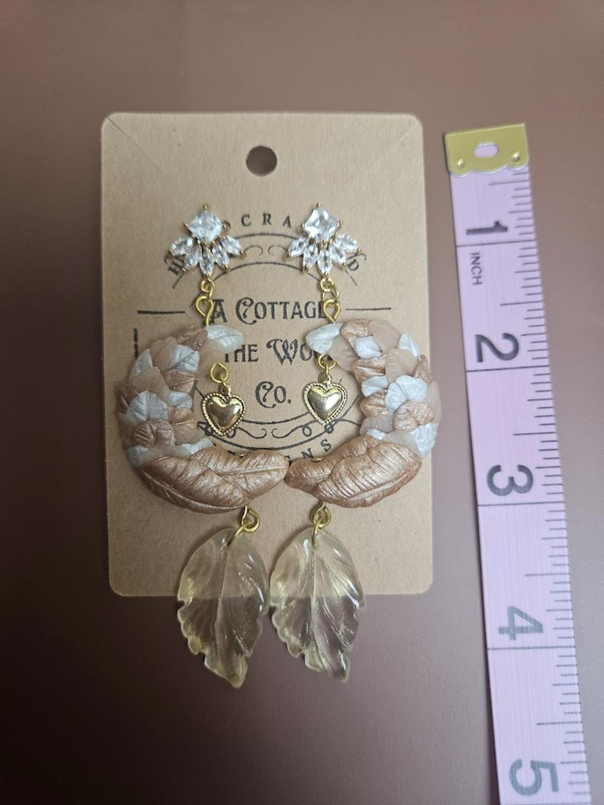 Handcrafted Polymer Clay Dangle Earrings with Leaf and Heart Charms