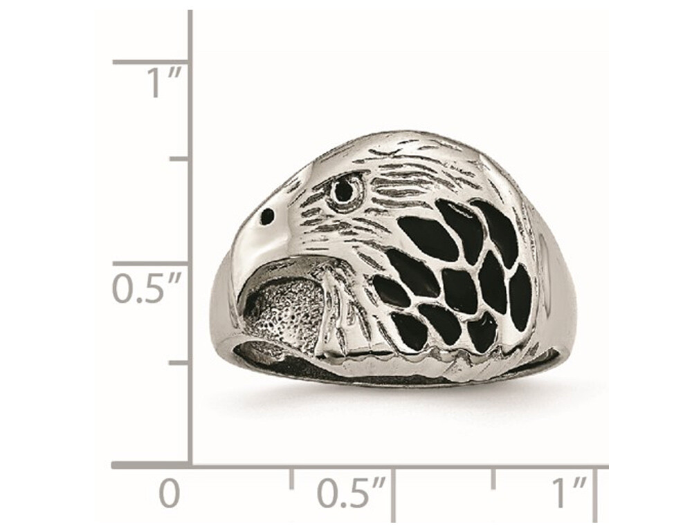 Mens Textured Black Enamel Eagle Ring in Stainless Steel
