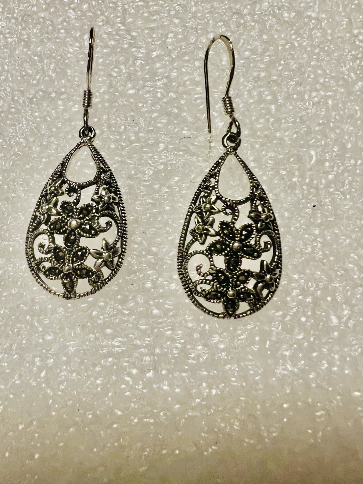 Vintage 925 Sterling Silver Tone Drop With Marcasites Earrings Elegant Gift