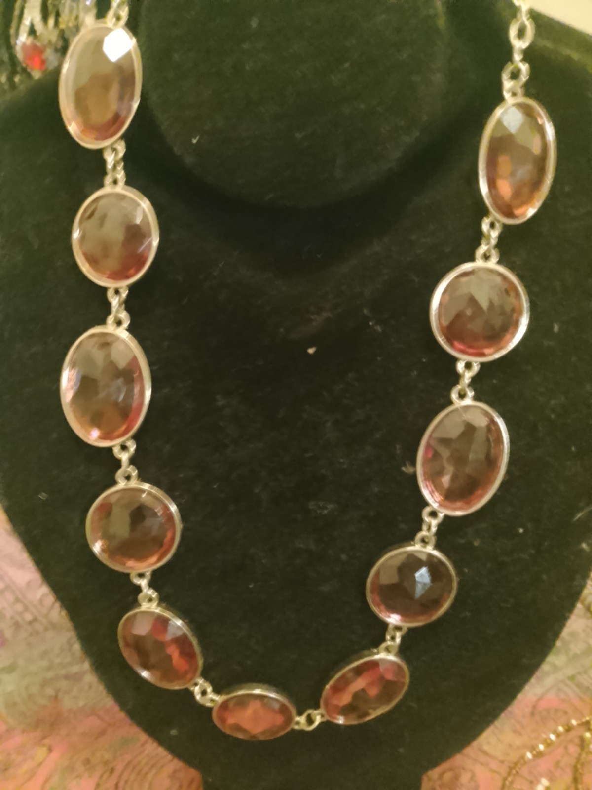 Silver Tone Oval Brown Glass Bezel Link Cable Chain Statement Necklace