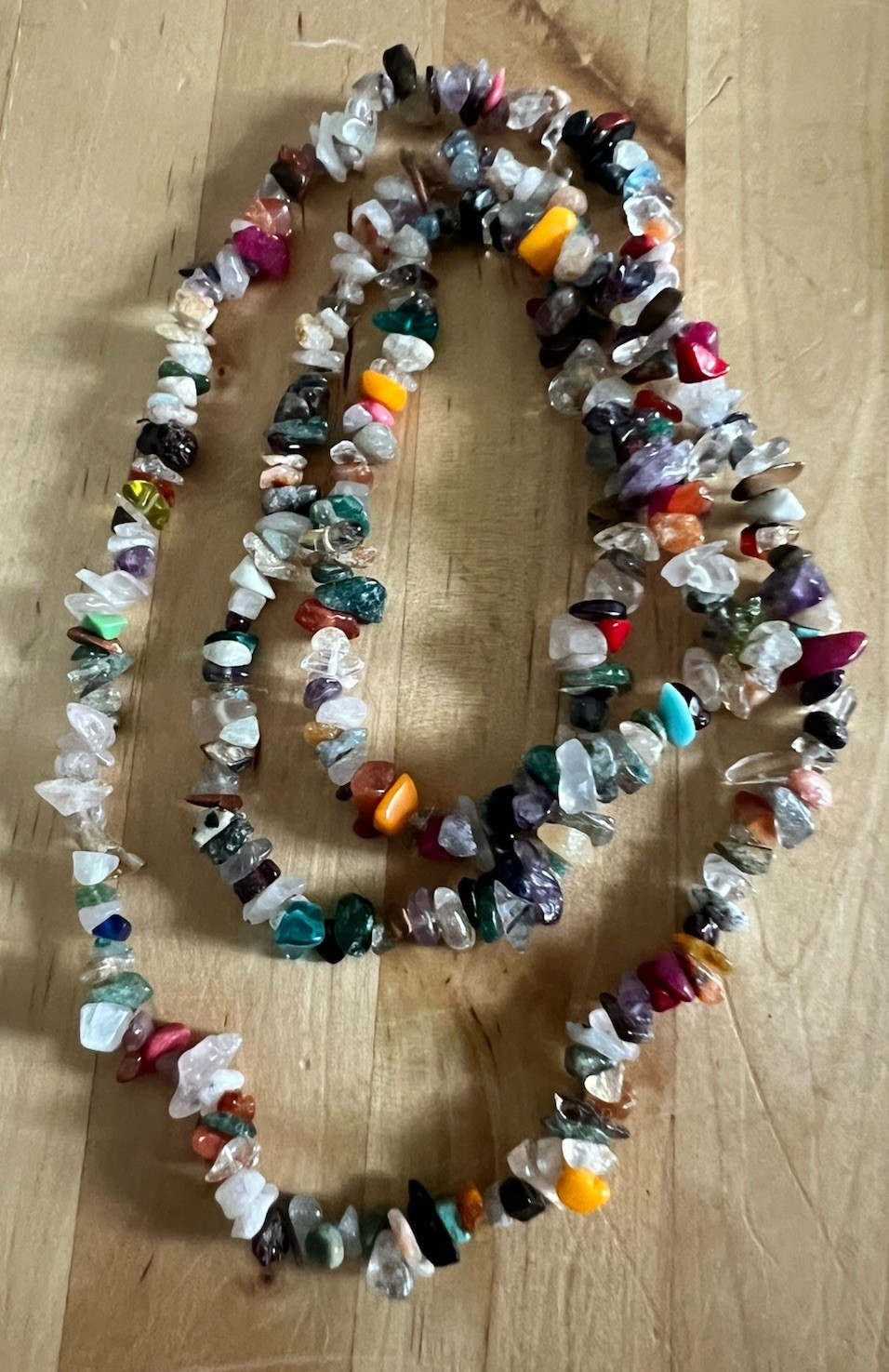 VIBRANT MULTI-COLORED IRREGULAR CHIP-SHAPED NATURAL GEMSTONE BEAD NECKLACE 34”