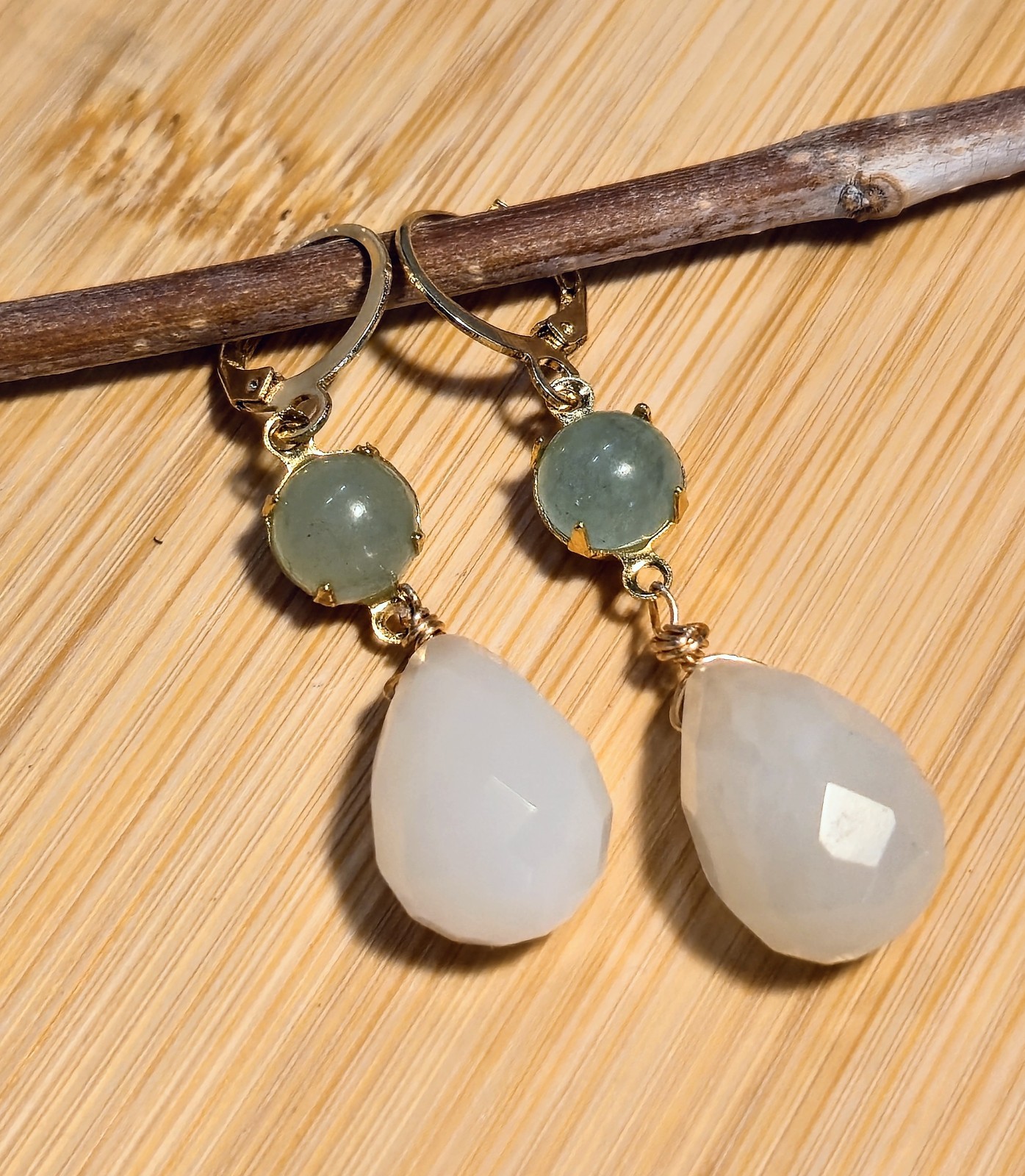 Natural Green Jade In Large Drop Gold Plated Earrings