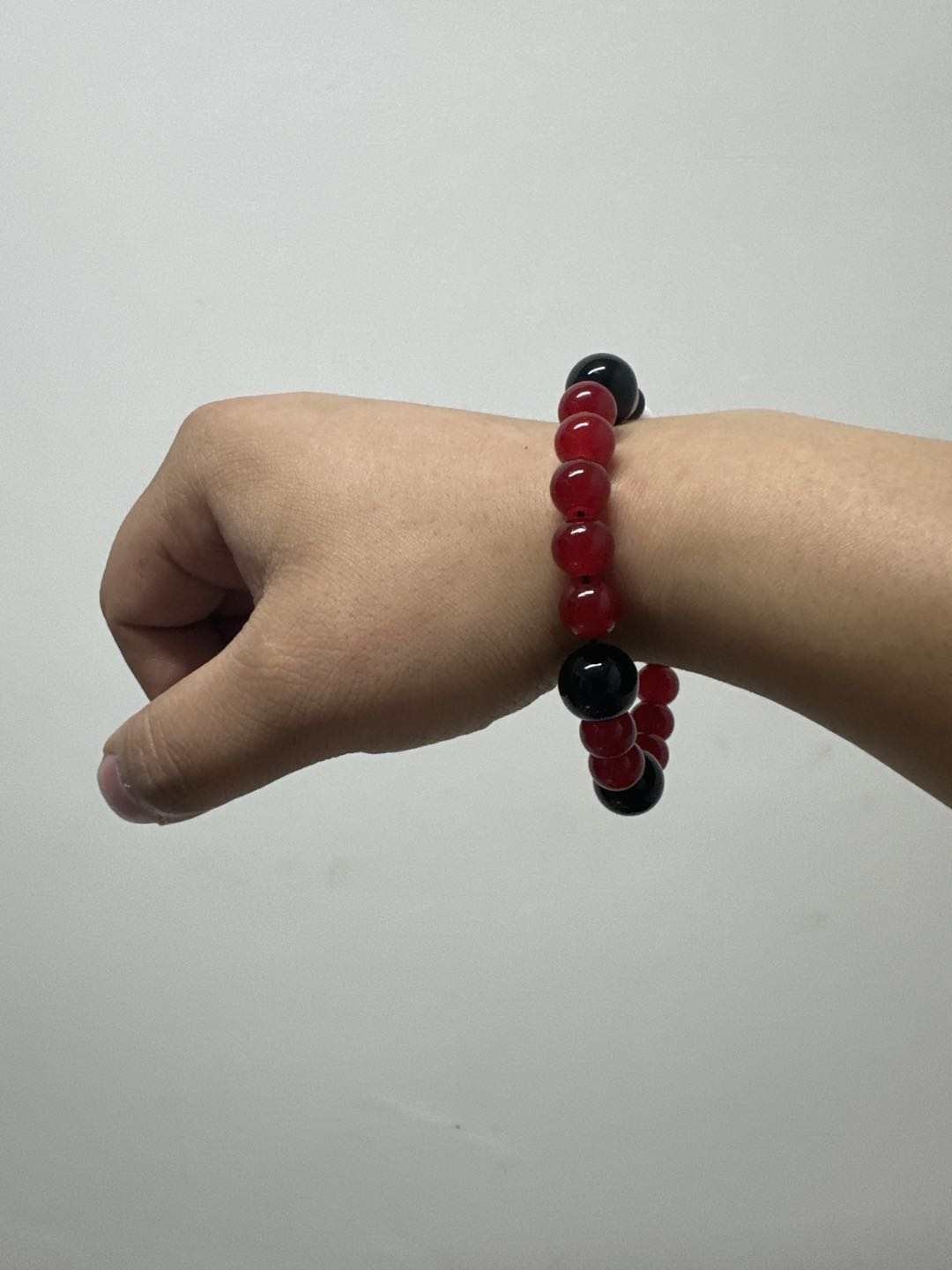 Red & Black Round Beaded Stretch Bracelet with Buddha Dangle Charm, Ring