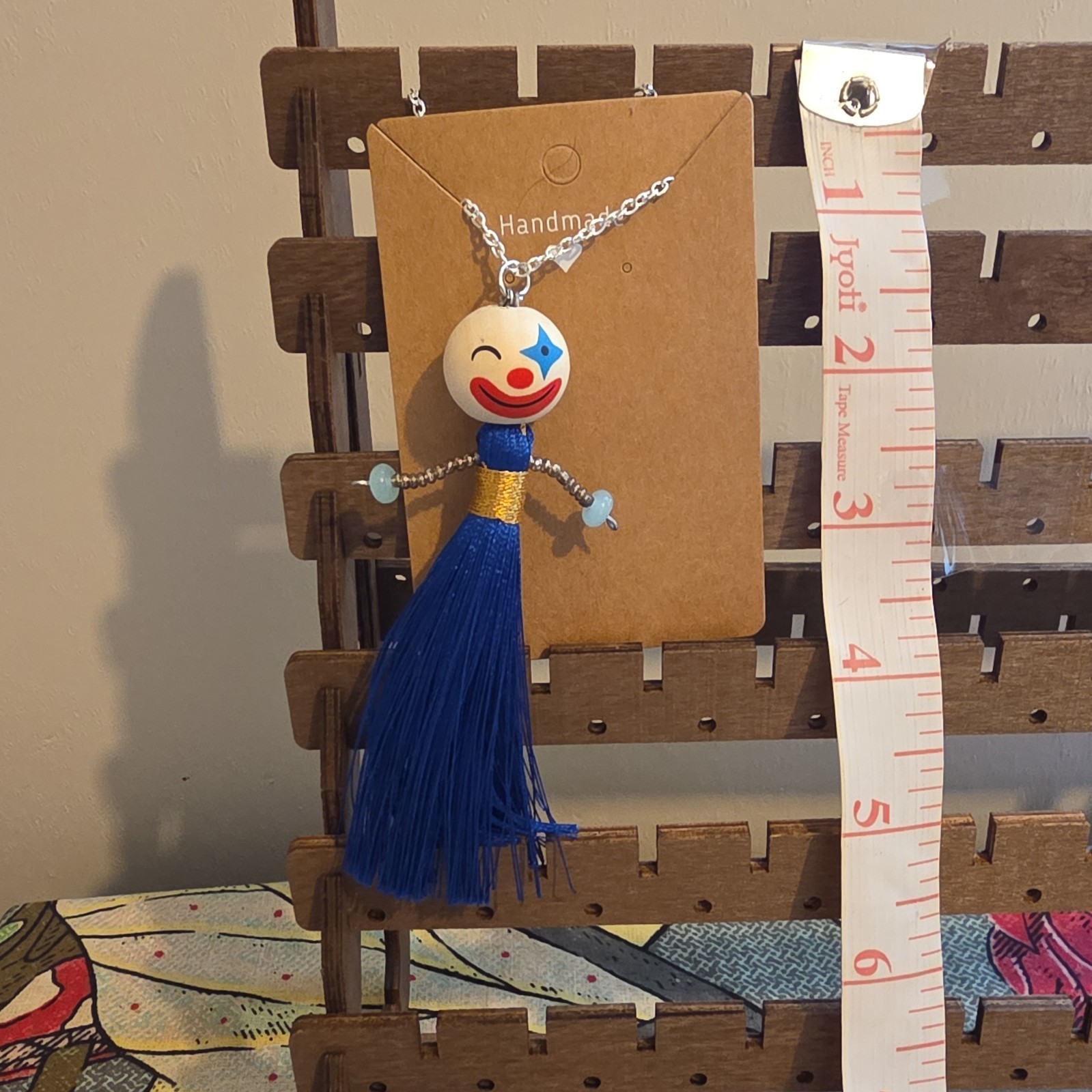Clown Asymmetrical Pendant Necklace Blue Tassel Plastic Silver Tone Cable Chain