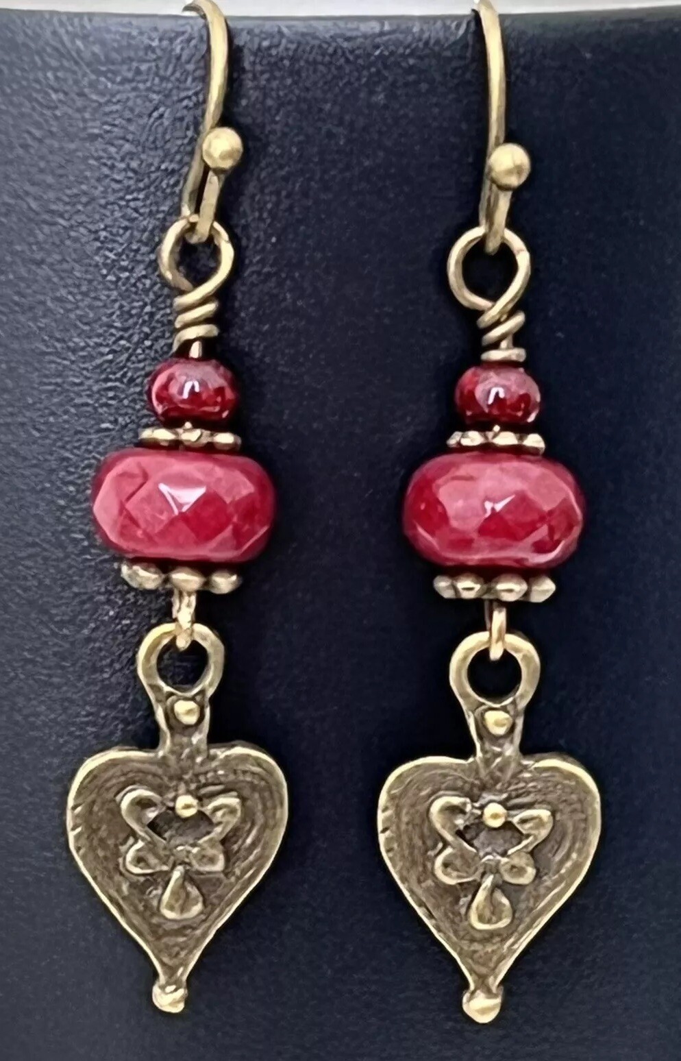 Beautiful Etched Bronze with Deep Red Picasso Bead Dangle Earrings.