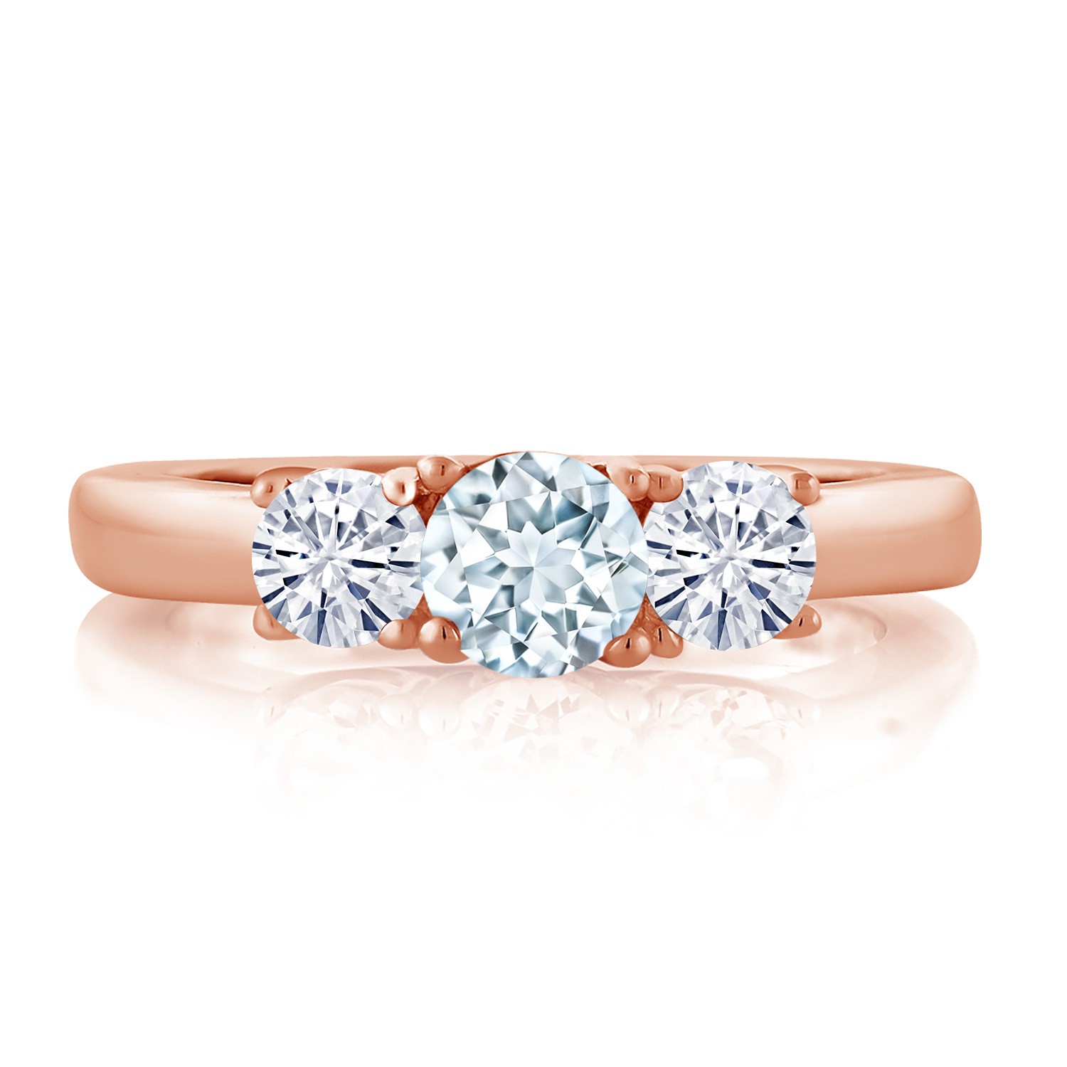 18K Rose Gold Plated Silver 3-Stone Ring Aquamarine Moissanite (0.96 Cttw)