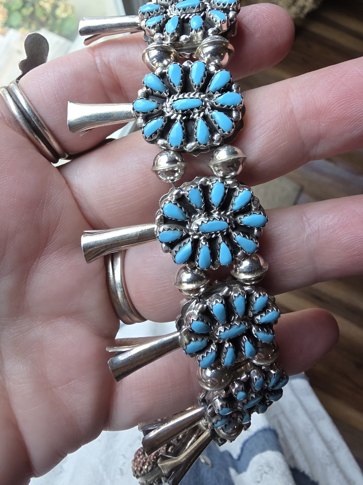 Reversible turquoise & coral squash blossom necklace