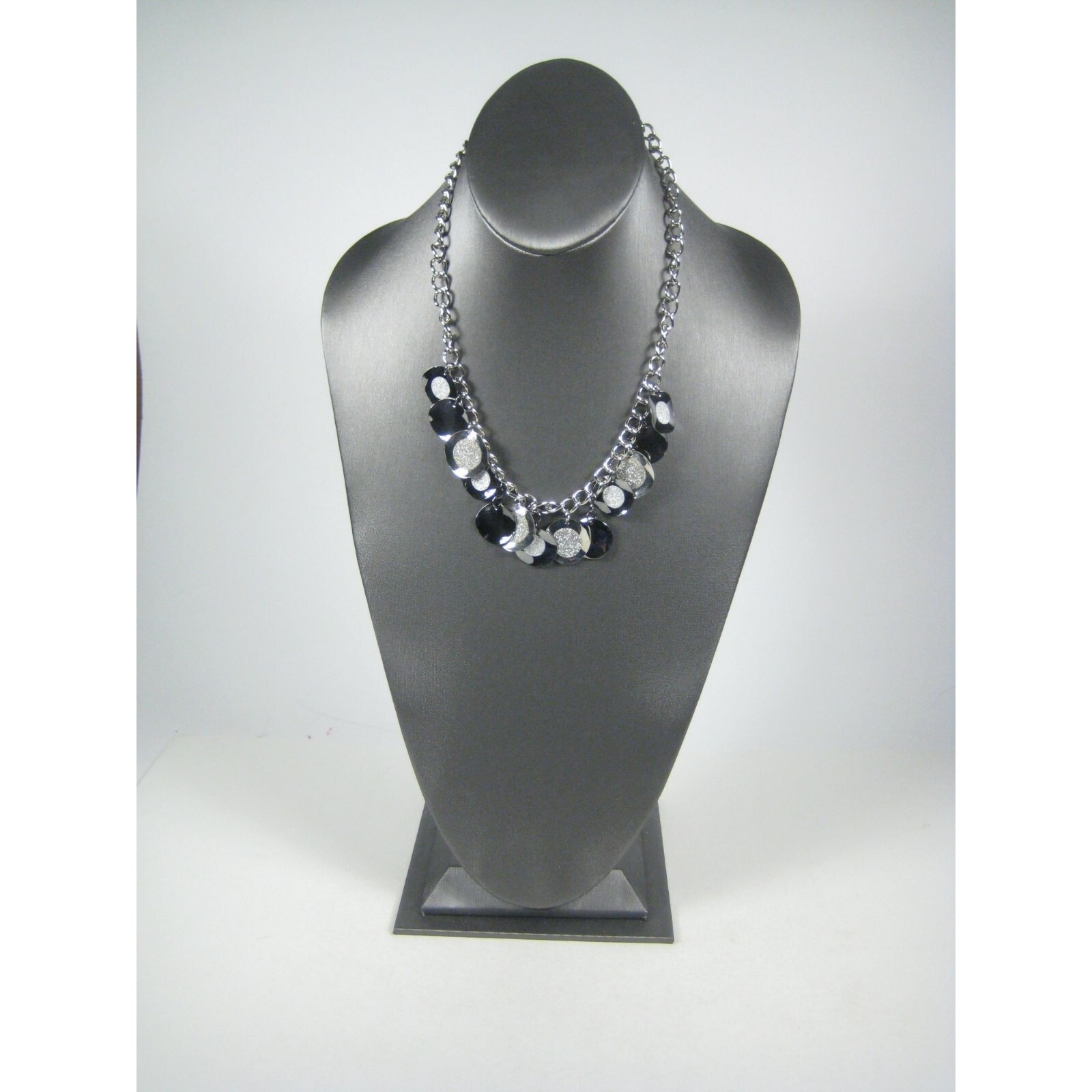 Silvertone Chain Charm Necklace 18 Inch Festival Statement Party Round Disc