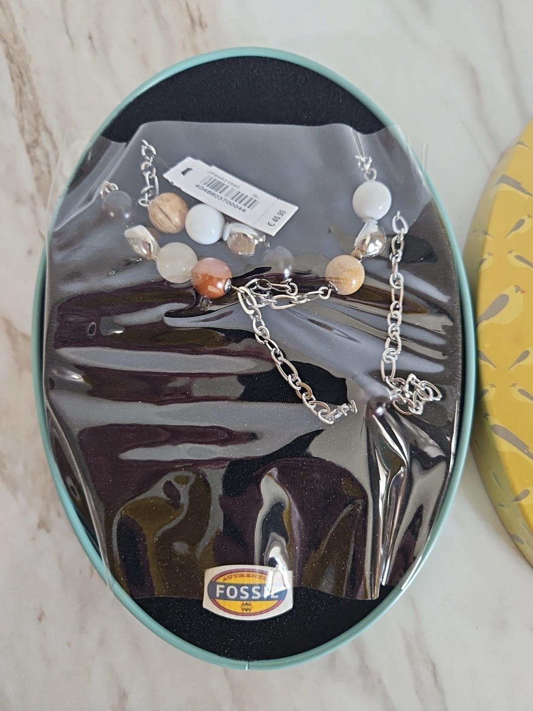 Fossil Necklace Women’s Stainless Steel Big Beads Smoky Quartz New W Tin