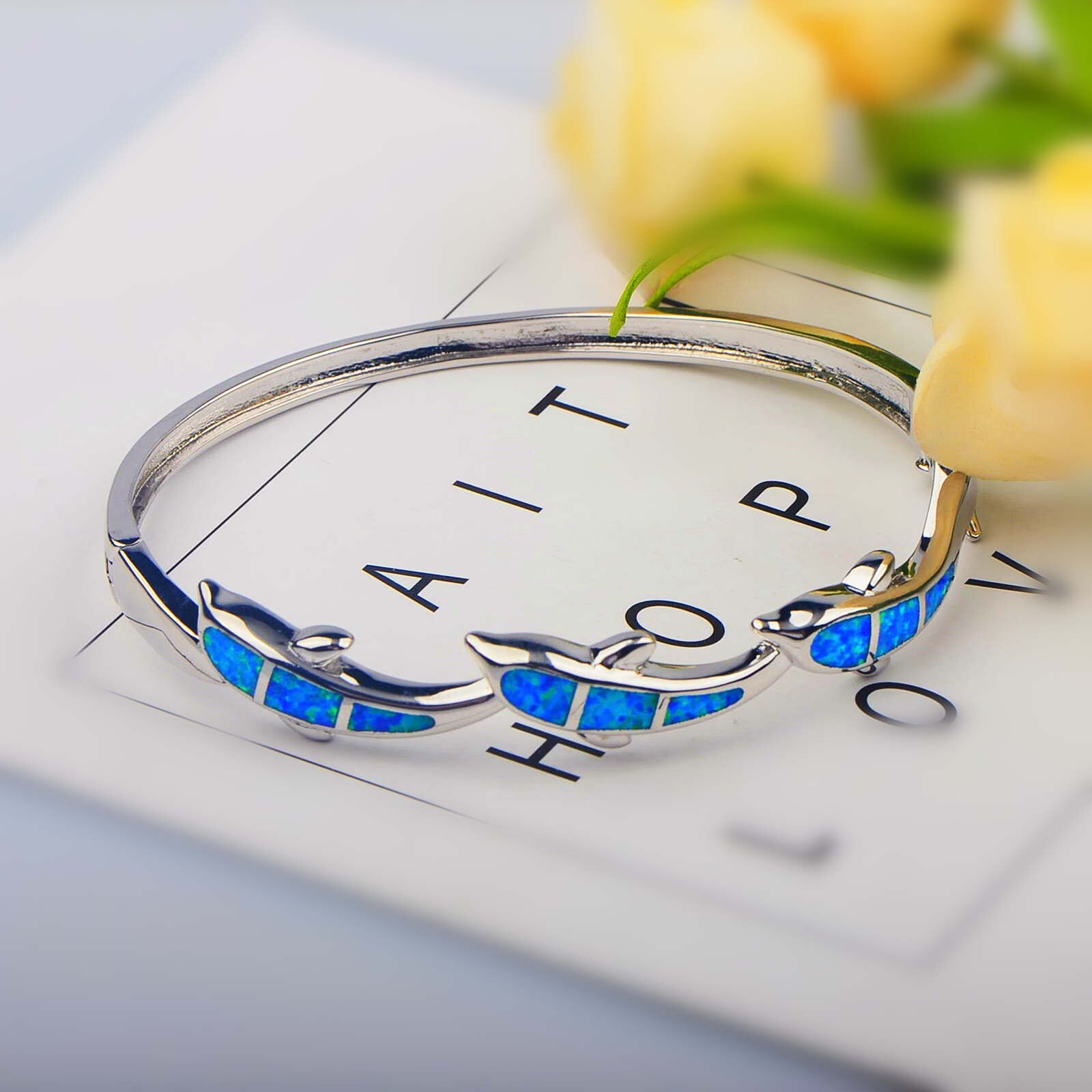 Blue Opal Cute Dolphin Cuff Bangles 925 Sterling Sliver Jewelry For Women Girl