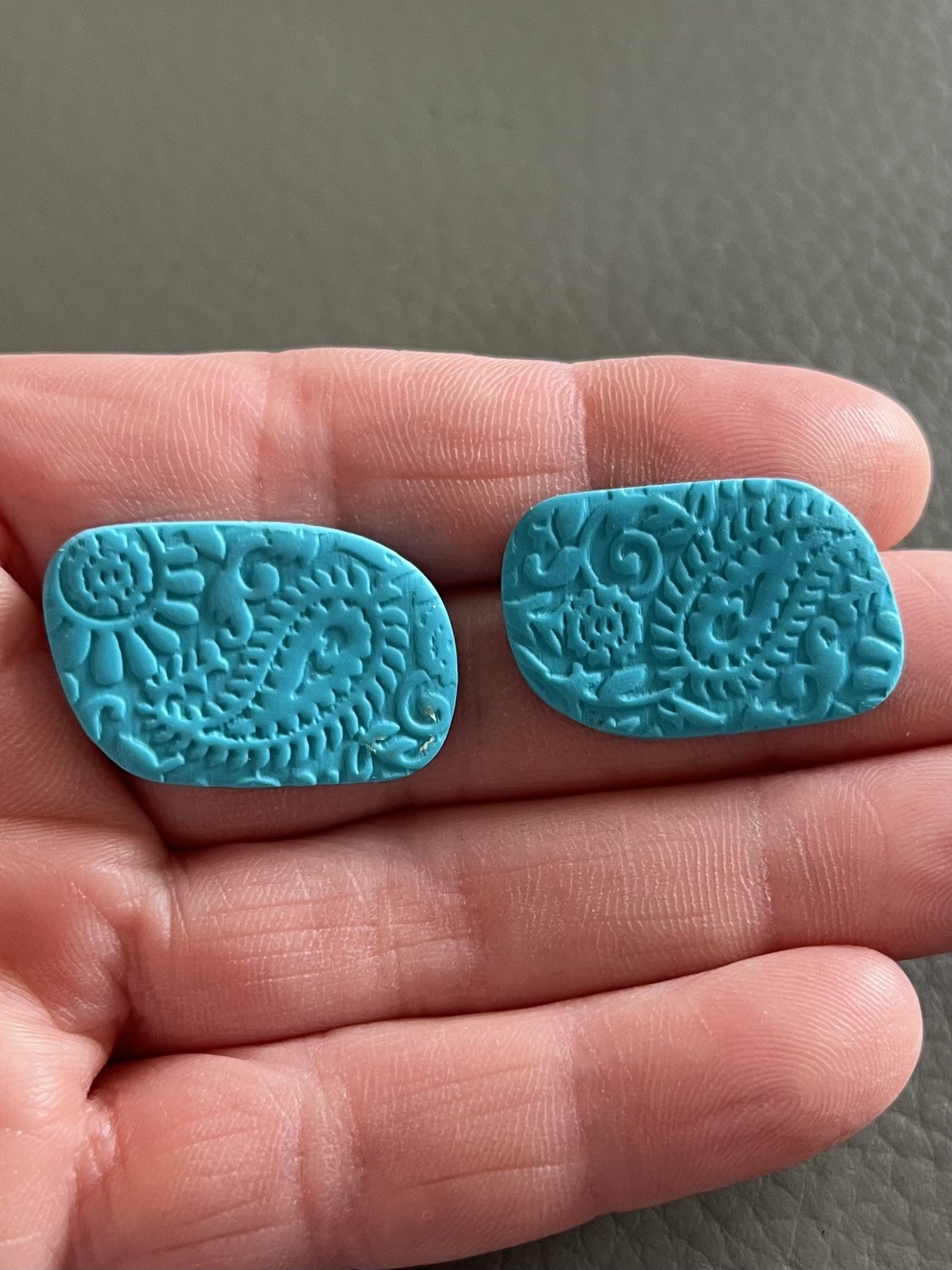 Handmade Turquoise Polymer Clay Stud Earrings – Paisley – Ultra Lightweight