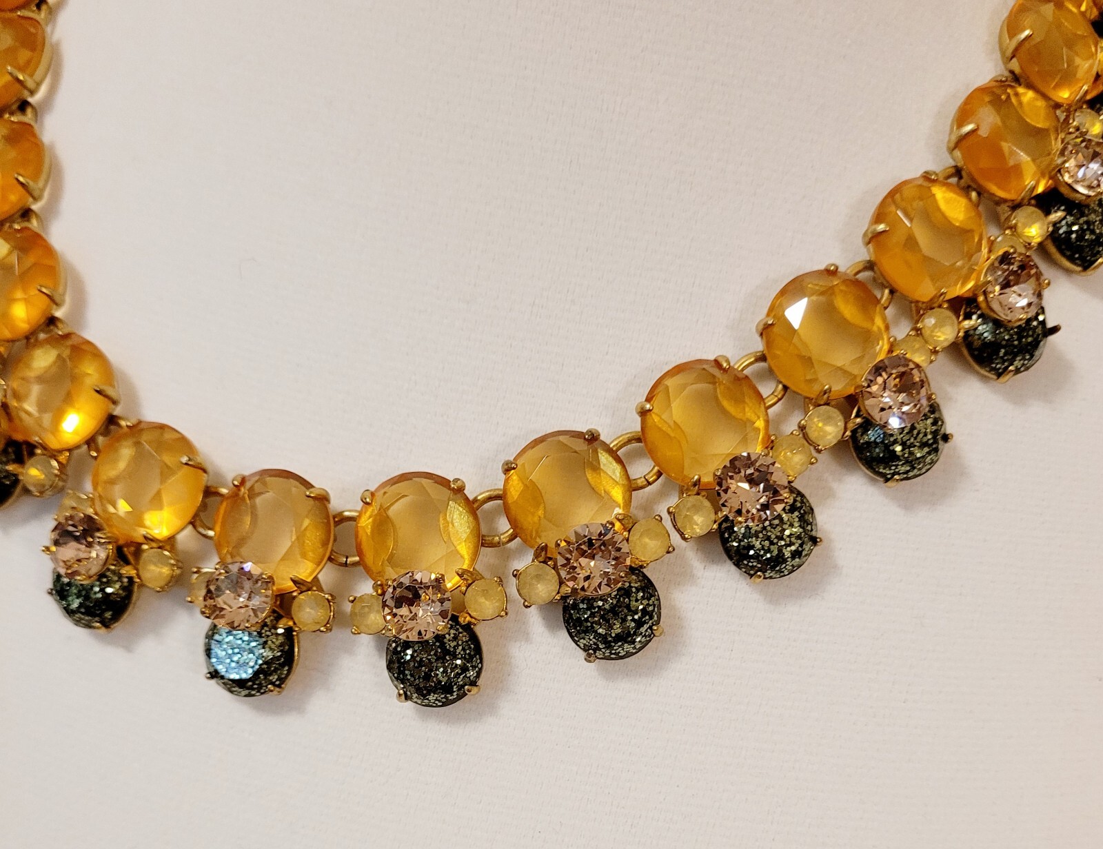 J Crew Faceted Rhinetone Yellow Gold Pinkish Blue Green Confetti Style Necklace