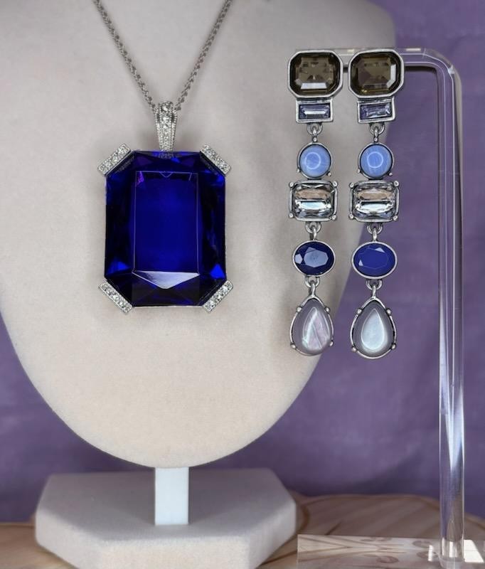 Stunning Blue Crystal Statement Jewelry Set Emerald Cut Pendant Necklace Earring