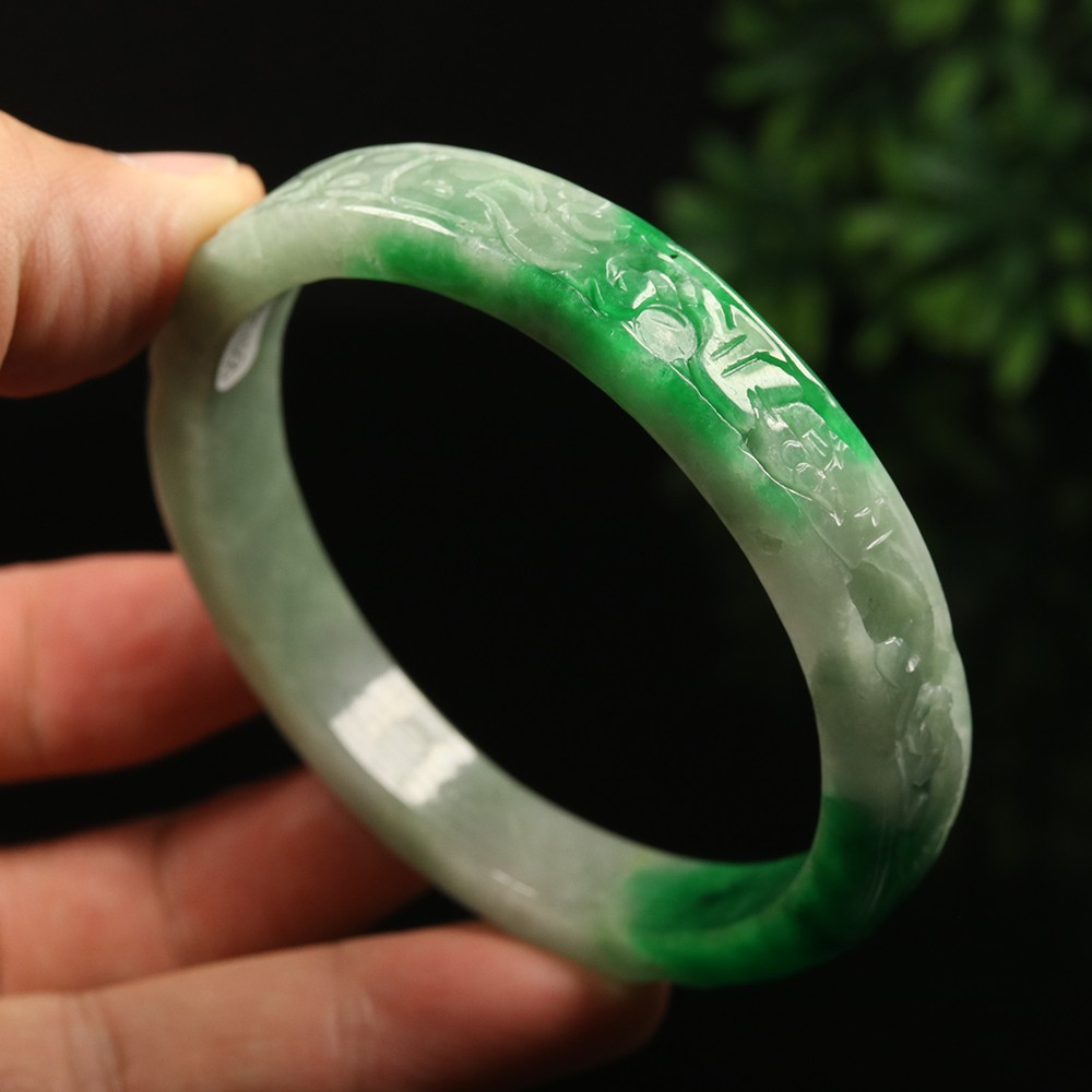 62mm White Emerald Green Jadeite Jade Bangle Bracelet Ruyi Bat Coin A-15029