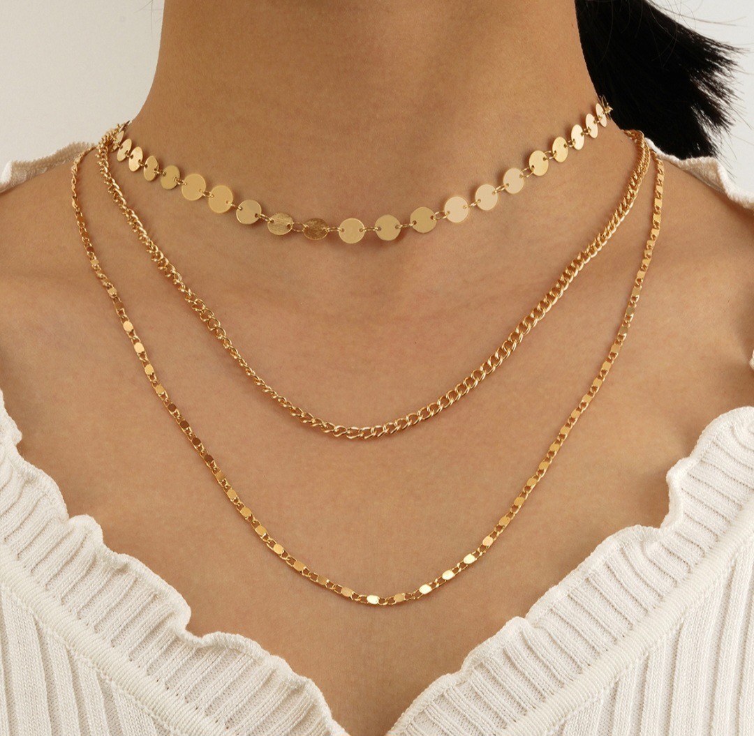 3PCS Gold Layered Necklace Set Coin Disc Chain Snake Chain Minimalist Jewelry