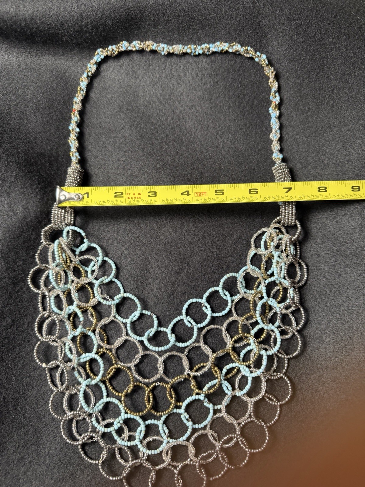 Statement Seed Bead Bib Necklace Blue Silver Gold Multi Strand Artisan Boho