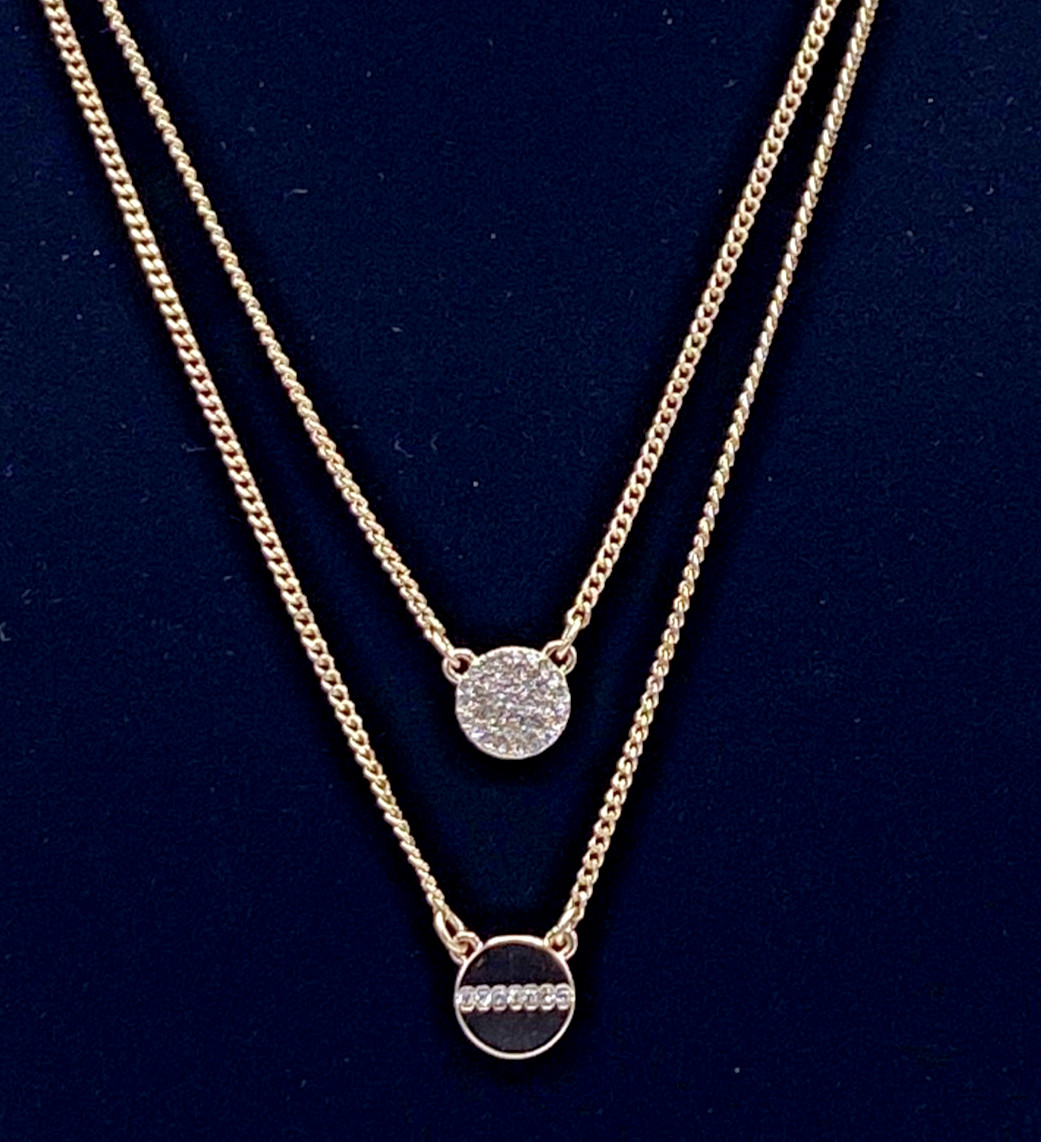 DKNY Gold Tone Crystal Pave Pendant Two Row Necklace 16″ + 3″ ext. NWT Gift Box