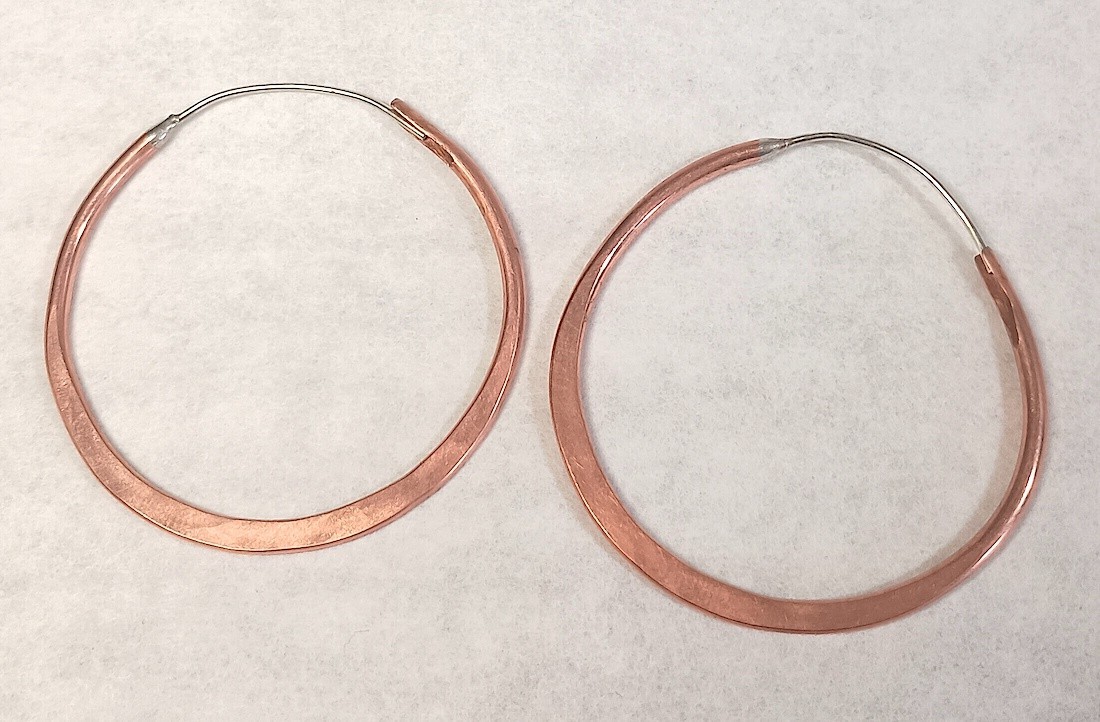 Copper Hoops, 1.5”, Hand Hammered, Sterling Wires, Slot Closure, Reduced