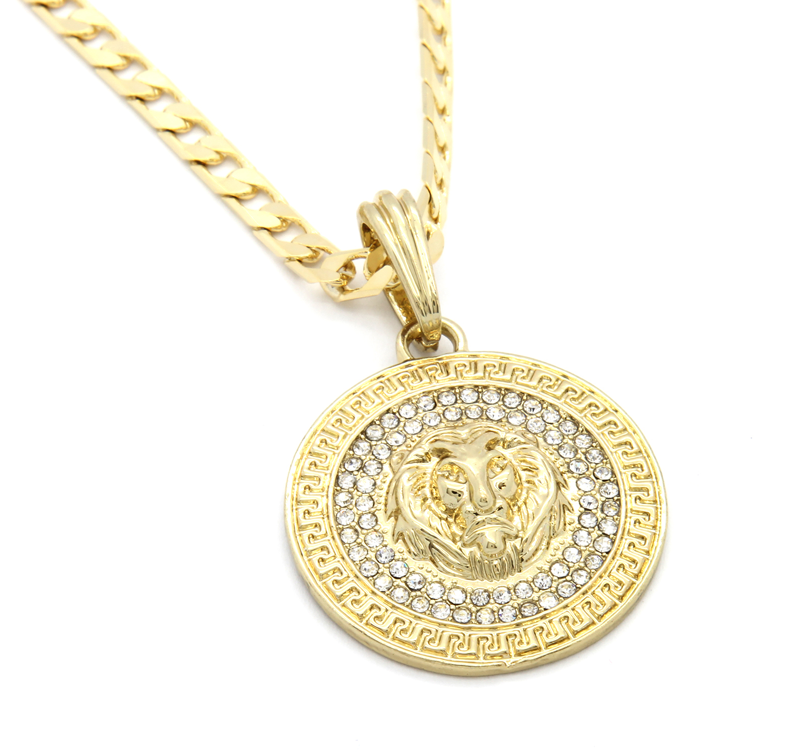 Medallion Pattern Lion Gold Plated Cubic-Zirconia 24″ Cuban Curb Chain Pendant