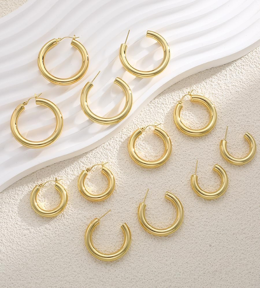 6 Pairs Simple Gold Hoop Earrings Set for Women Trendy, 14K Gold Plated Chunky H