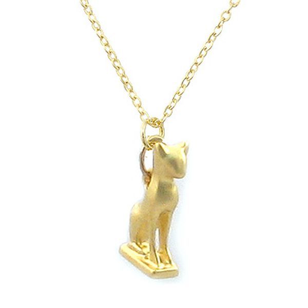 Gold Finish Egyptian Goddess Bastet Tiny Cat Pendant Charm 0.75″ with 18″ Chain