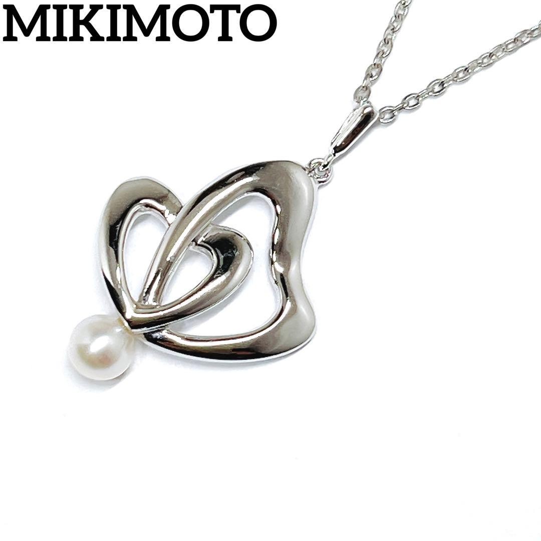 MIKIMOTO Pearl Double Heart Necklace 4.9mm Silver 3.7g From Japan