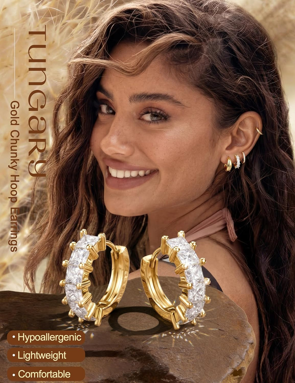 14K Gold Plated Chunky Hoop Earrings for Women Hypoallergenic – 4 Pairs Non Tarn