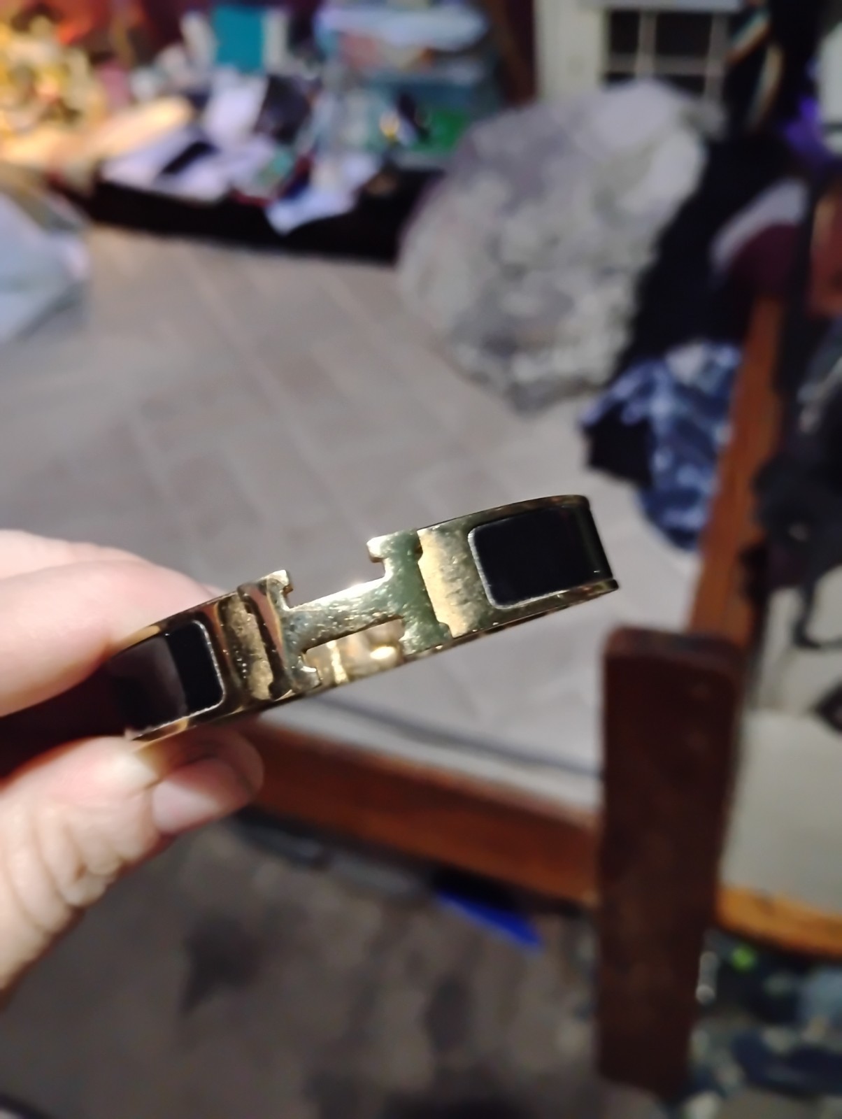 Authentic Hermes Clic H bracelet gold plated black enamel narrow bangle