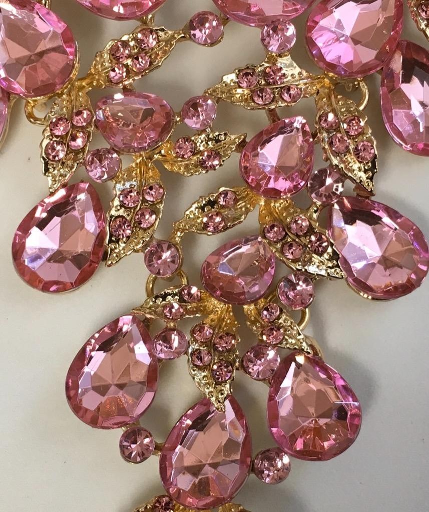 Waterfall Necklace Set Pink crystal Rhinestone Bib cluster Statement Earrings vt