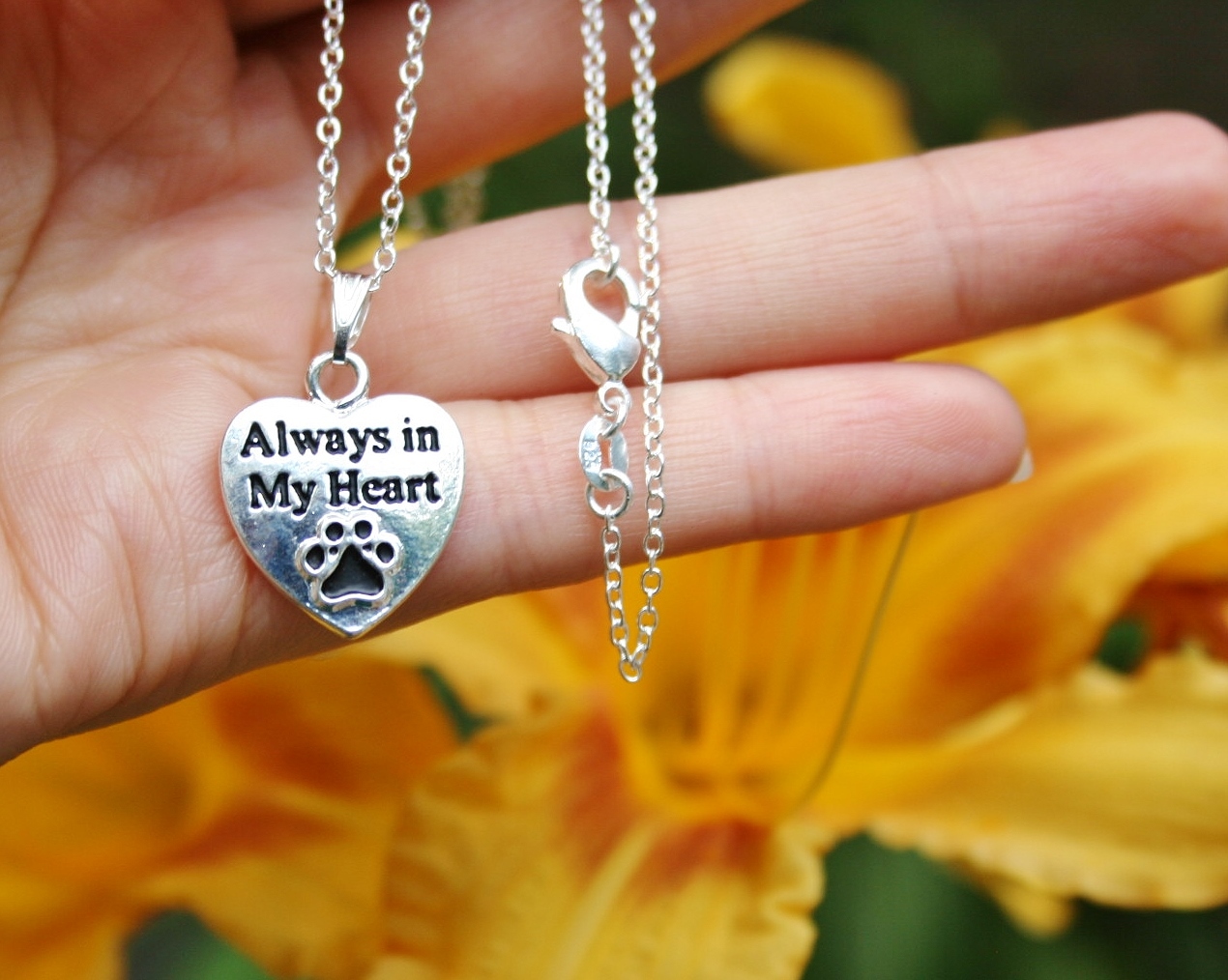 Always in My Heart Necklace Paw Print Pendant Cat Dog Pet Memorial Silver Chain