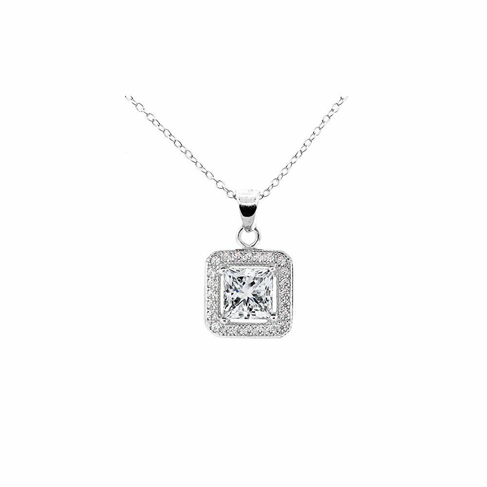 Women’s 925 Sterling Silver Halo CZ Square Princess Cut Pendant Necklace 18″