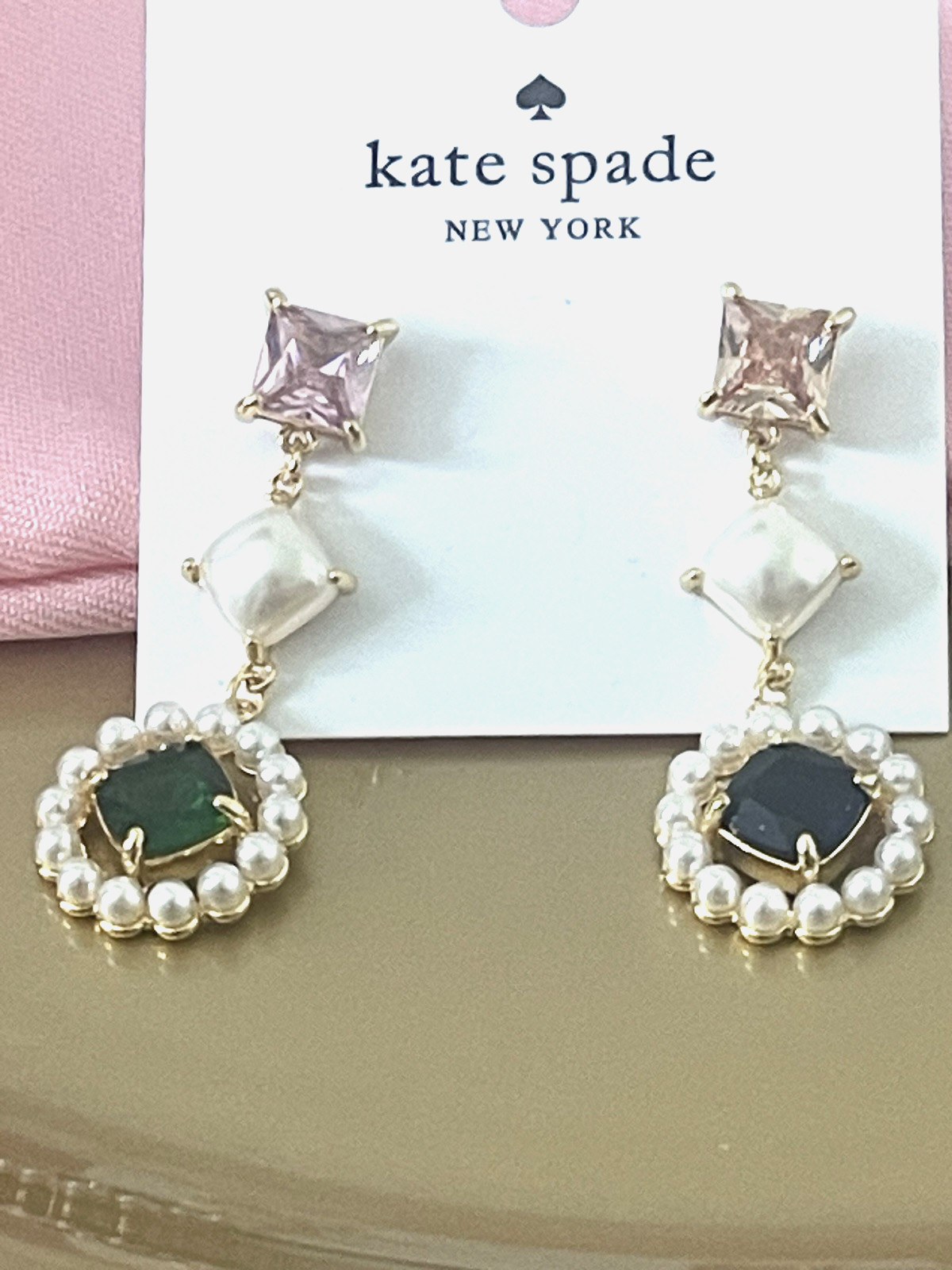 Kate Spade Victoria Linear Earrings Mismatched Gem Colors Pearl Accents+CZ NEW