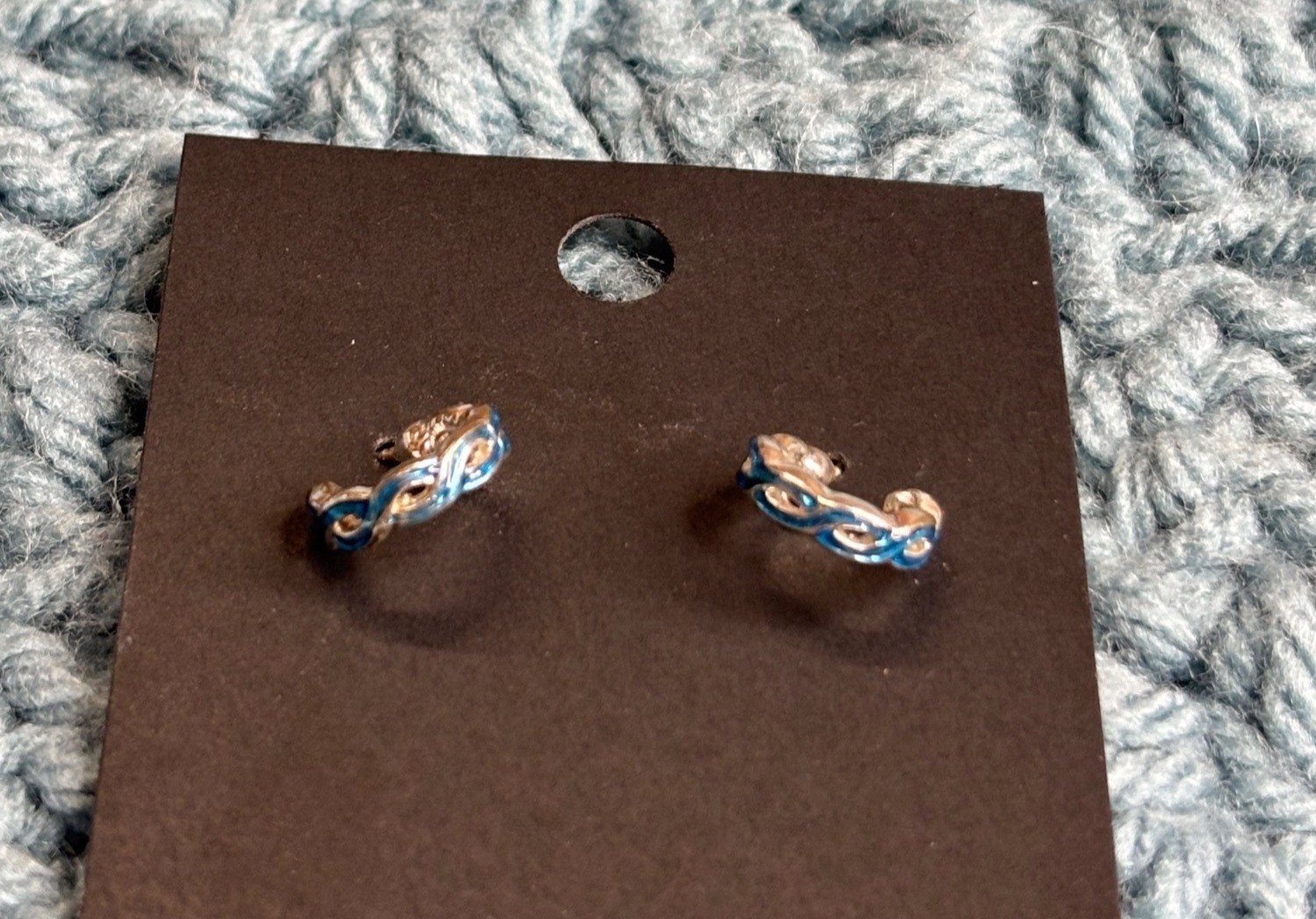 Small Silvertone Open Hoop Earrings Blue Enamel 3/8 inch