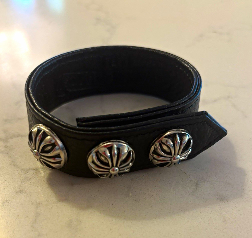 Chrome Hearts Black Leather Cuff Bracelet 925 Sterling Silver Snap Signed