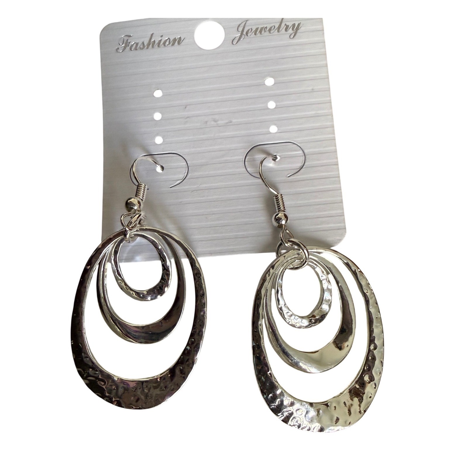 Brilliant NEW Silver Plate Hammered Triple Oval Hoop Dangle Earrings Fishhook