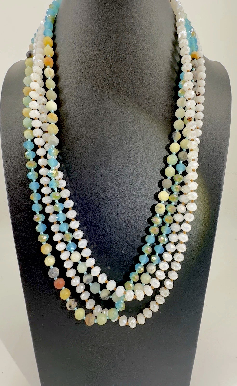 (2) Blue/Gold/White Faceted Sparkling Handknotted Beaded Necklaces 58” Long Hvy