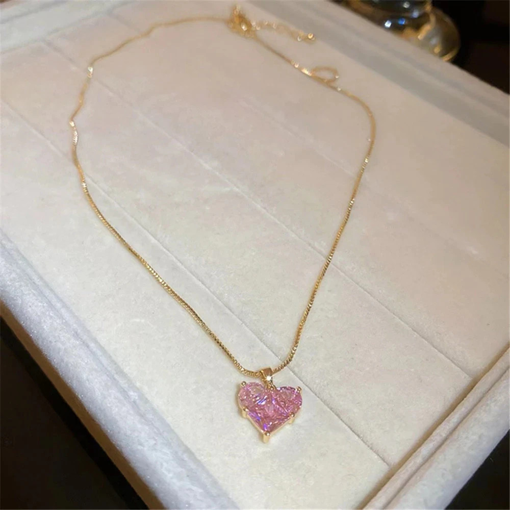 Women’s Fashion Jewelry Gold Pink Rhinestone Heart Pendant Necklace Gift Her USA