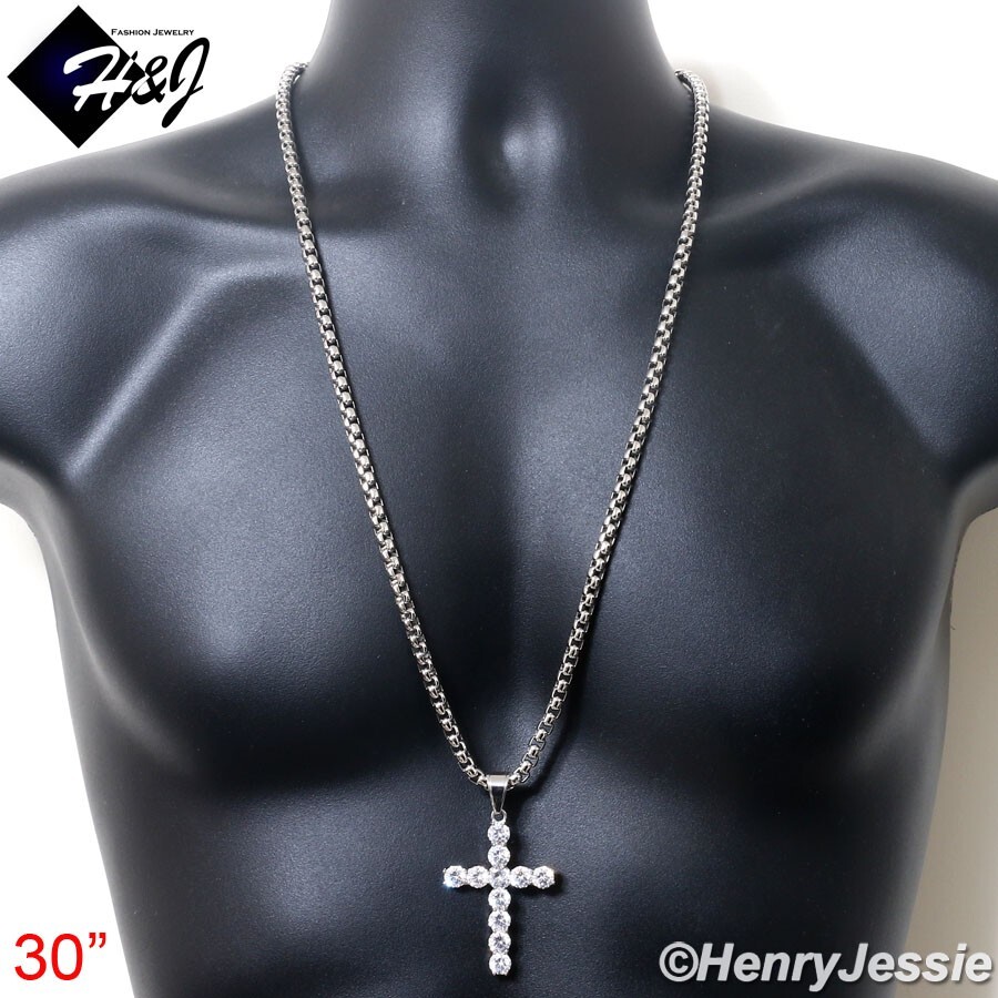 30″MEN 316L Stainless Steel 5mm Silver Box Link Chain ICY CZ Cross Pendant*IP138