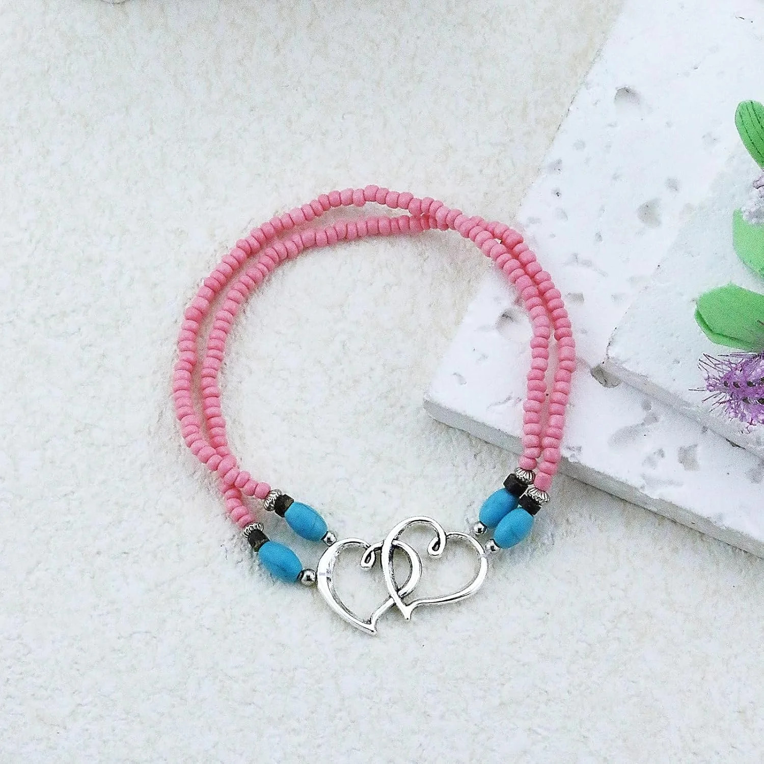 Elastic Beaded Ankle Bracelets for Women Double Heart Layered Stretch Ankle Brac