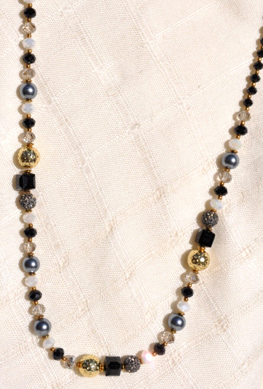 ELEGANT SAACHI BEADED NECKLACE, BLACK, WHITE, GREY, CRYSTAL GLASS, 31-34 INCHES