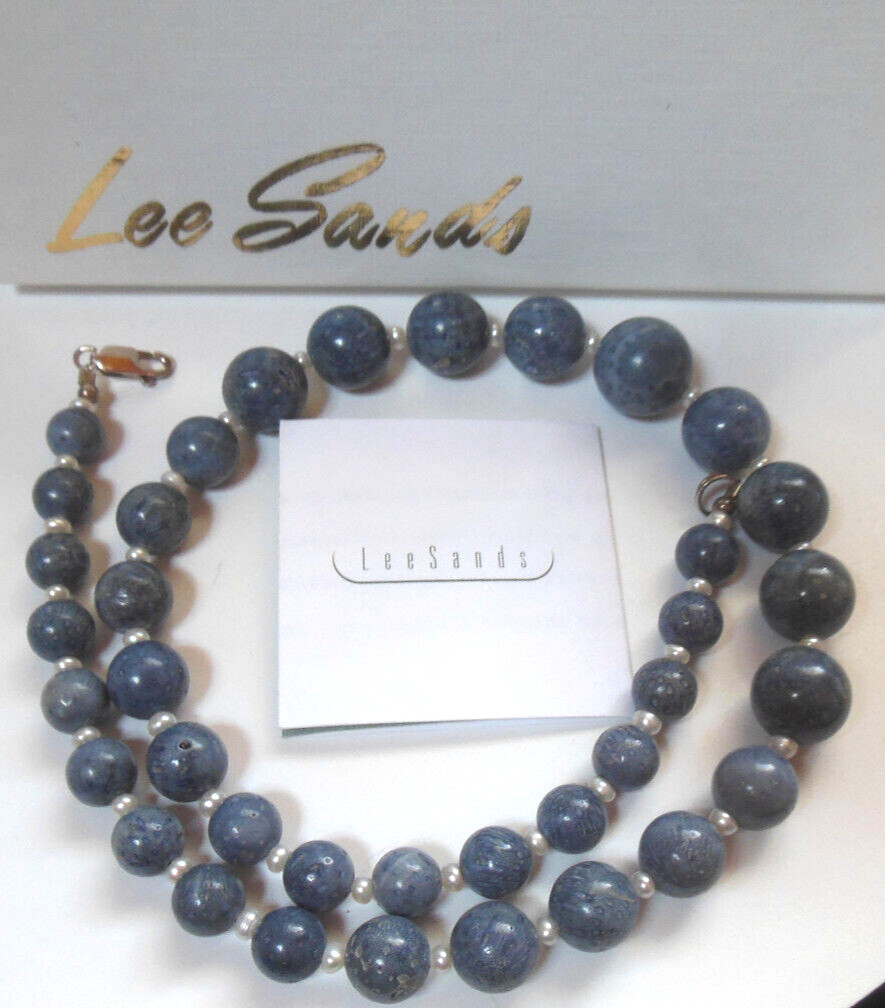 Lee Sands Blue Coral & Pearl Graduated Bead Necklace 18″ W/925 Clasp -W/Box NWOT
