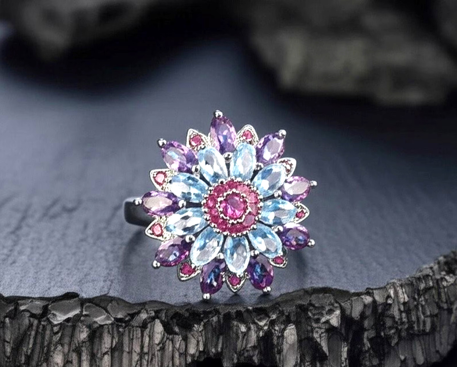 925 Sterling Silver Ruby &Amethyst Aquamarine Gemstone Ring Gift For Anniversary