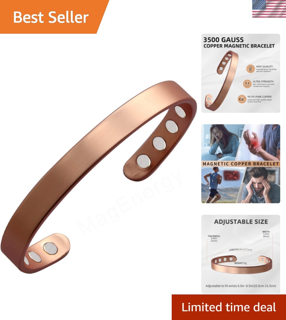 99.9% Pure Copper Magnetic Therapy Bracelet – Gift-Ready 6.8in Adjustable Bangle
