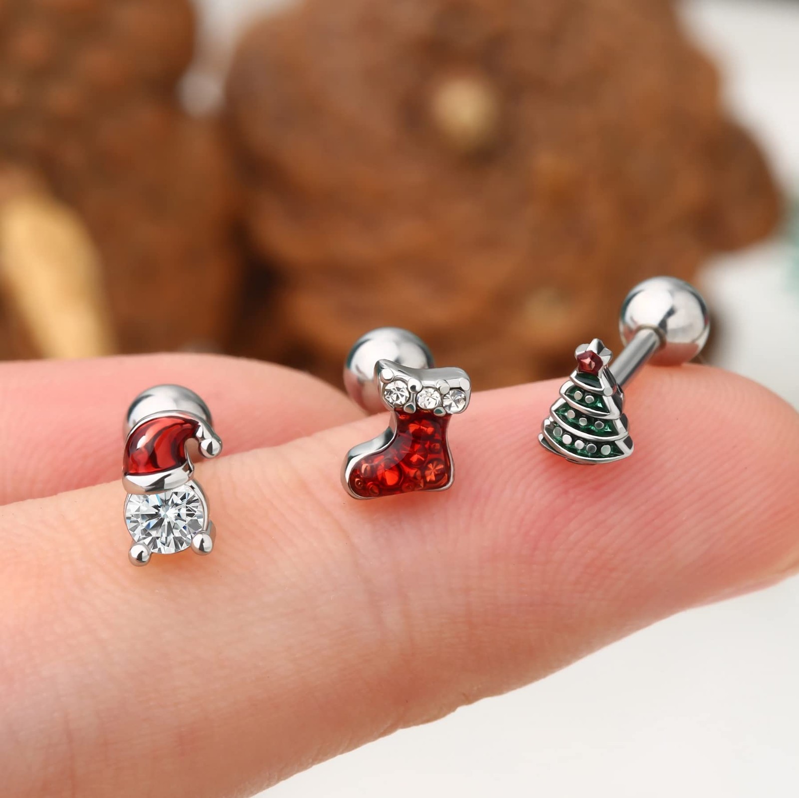 3PCS Christmas Tragus Earrings Cartilage Stud, 316L Surgical Steel, 16G 6MM