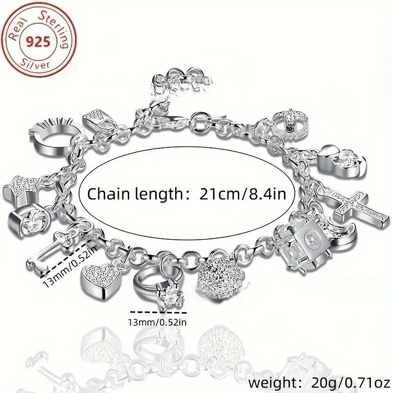 925 Sterling Silver Charm Bracelet Heart, Lock, Star, Cross & Rings With Box